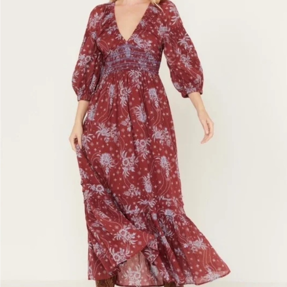Free People Burgundy Floral Maxi Dress,sz Large
